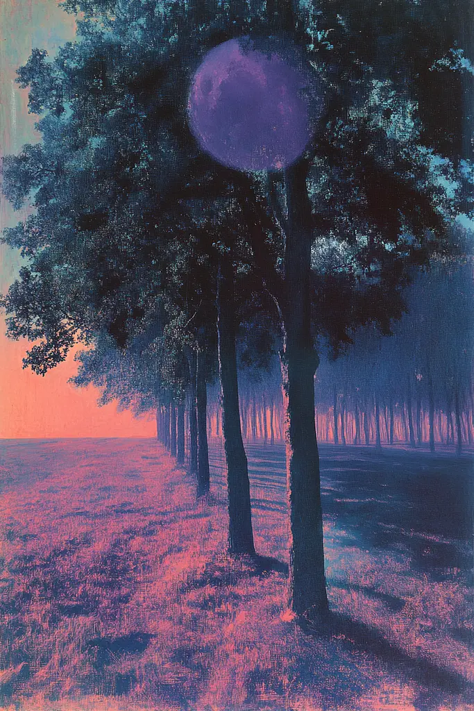 Midjourney generated image using SREF code Electric Dreams: A painting of trees in a field with a full moon in the sky.