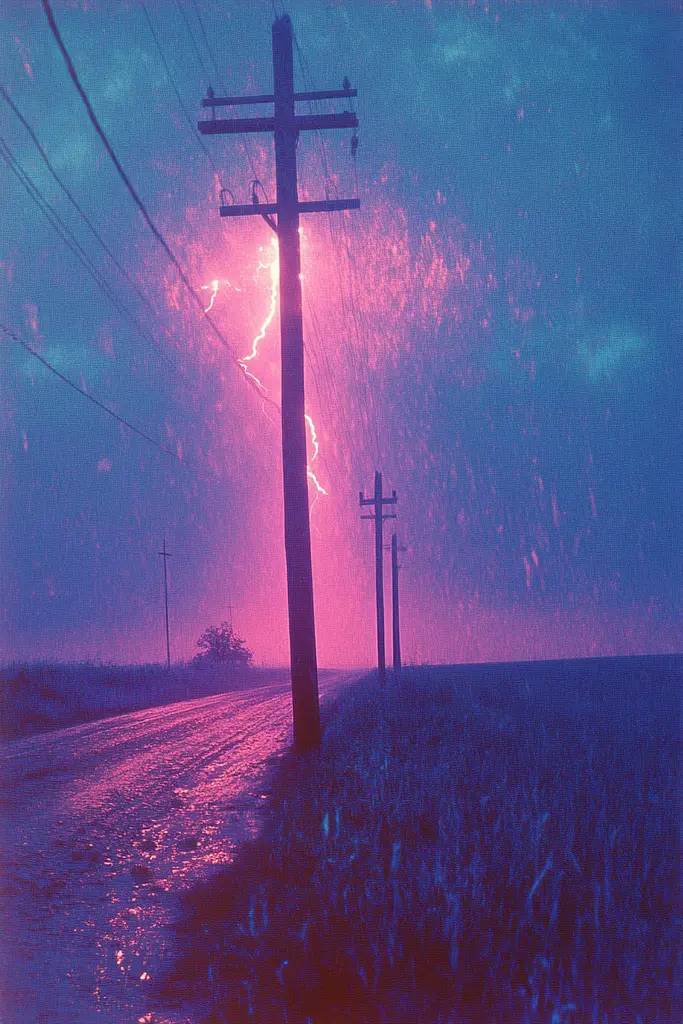 Midjourney generated image using SREF code Electric Dreams: A picture of a lightning bolt coming out of a power pole.