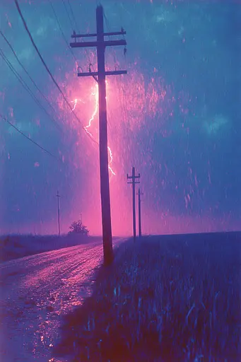 Midjourney generated image using SREF code Electric Dreams: A picture of a lightning bolt coming out of a power pole.