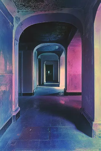 Midjourney generated image using SREF code Electric Dreams: A long hallway with arches in an abandoned building.