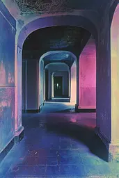 Midjourney generated image using SREF code Electric Dreams: A long hallway with arches in an abandoned building.