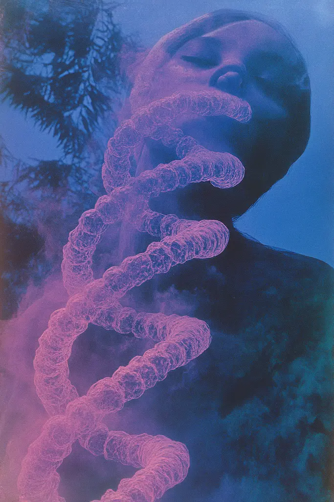 Midjourney generated image using SREF code Electric Dreams: A man with his eyes closed in front of a dna strand.