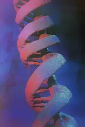 Midjourney generated image using SREF code Electric Dreams: A picture of a dna double helix on a blue background.