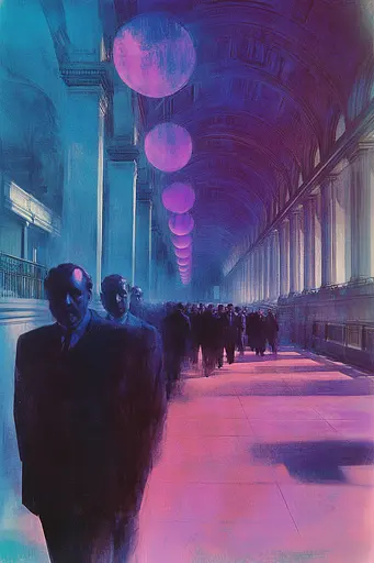 Midjourney generated image using SREF code Electric Dreams: A painting of a group of people walking down a hallway.