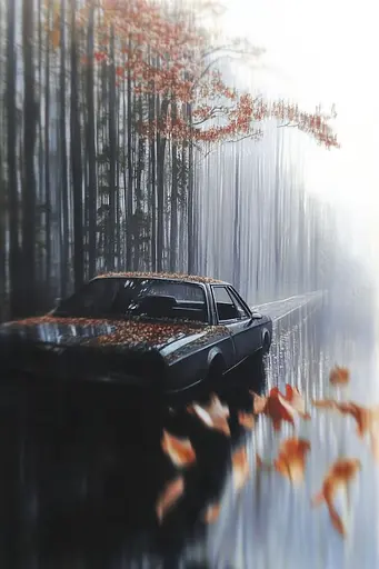 Midjourney generated image using SREF code Cinematic Chiaroscuro: A car is parked in the middle of a forest.