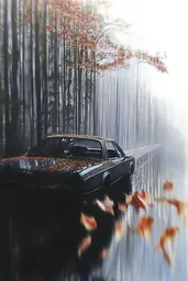 Midjourney generated image using SREF code Cinematic Chiaroscuro: A car is parked in the middle of a forest.