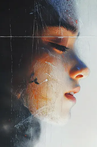 Midjourney generated image using SREF code Cinematic Chiaroscuro: a close up of a woman's face with a broken glass window