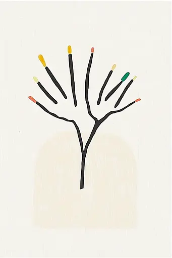 Midjourney generated image using SREF code Playful Silhouette: A drawing of a tree with candles in it.