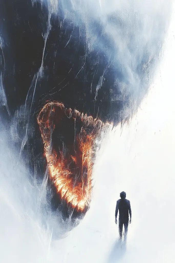 Midjourney generated image using SREF code Cinematic Chiaroscuro: A man standing in front of a giant shark's mouth.