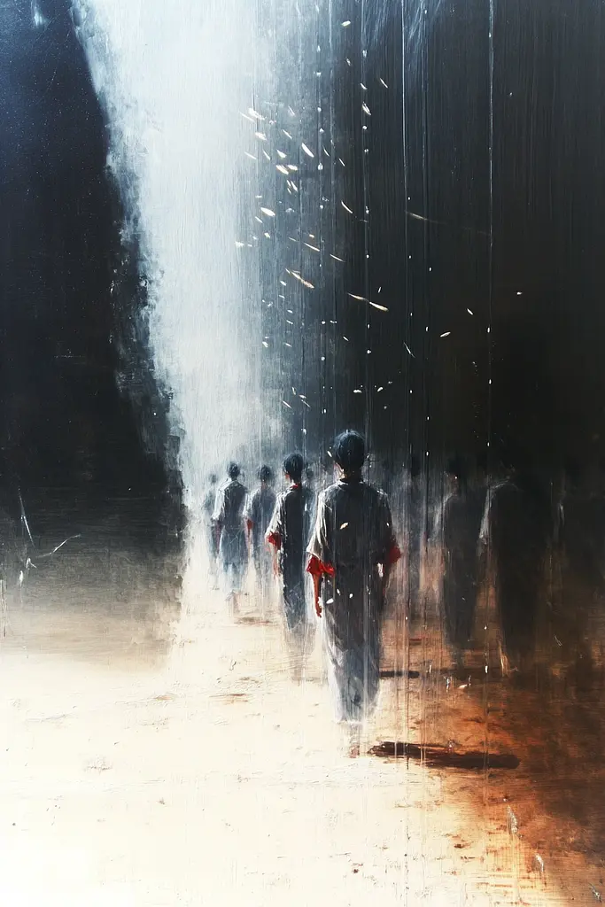 Midjourney generated image using SREF code Cinematic Chiaroscuro: A painting of a group of people walking in the rain.