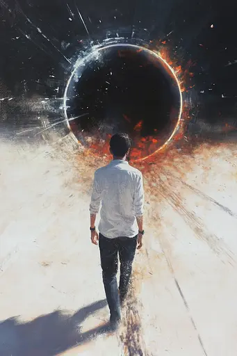 Midjourney generated image using SREF code Cinematic Chiaroscuro: A man walking down a road in front of a black hole.