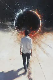 Midjourney generated image using SREF code Cinematic Chiaroscuro: A man walking down a road in front of a black hole.