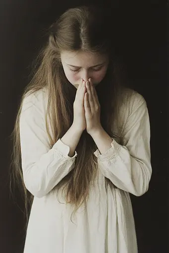 Midjourney generated image using SREF code Urban Solitude: A young girl in a white dress with her hands clasped together.