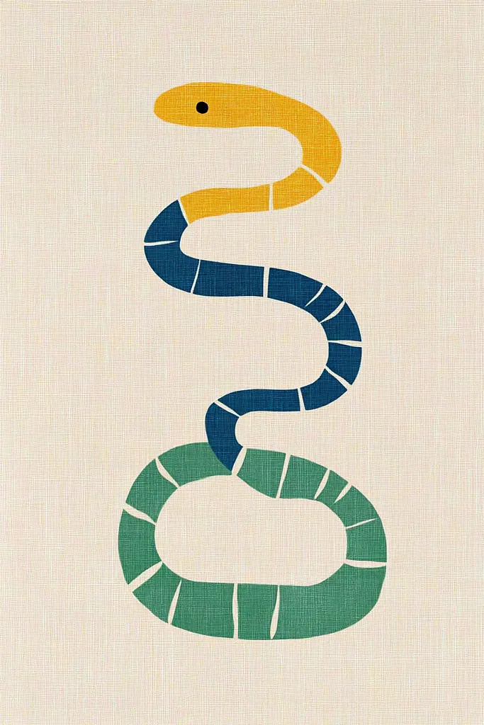 Midjourney generated image using SREF code Playful Silhouette: A colorful snake on a white background. 