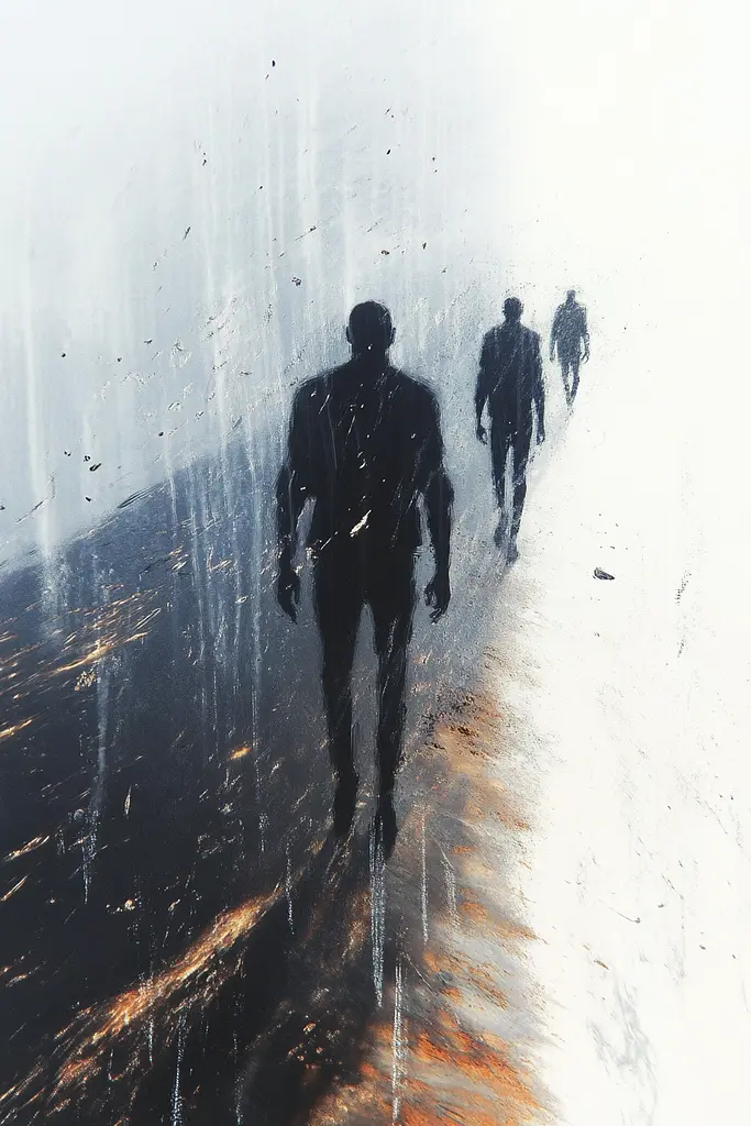 Midjourney generated image using SREF code Cinematic Chiaroscuro: A painting of three people walking in the rain.