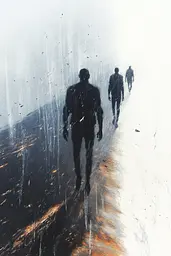 Midjourney generated image using SREF code Cinematic Chiaroscuro: A painting of three people walking in the rain.