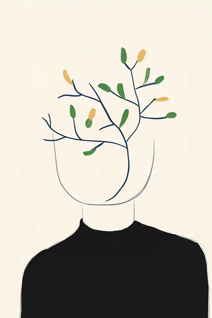 Midjourney generated image using SREF code Playful Silhouette: A drawing of a person with a tree growing out of their head.