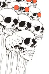 Midjourney generated image using SREF code Contour Conundrums: A drawing of a bunch of skulls with red eyes.