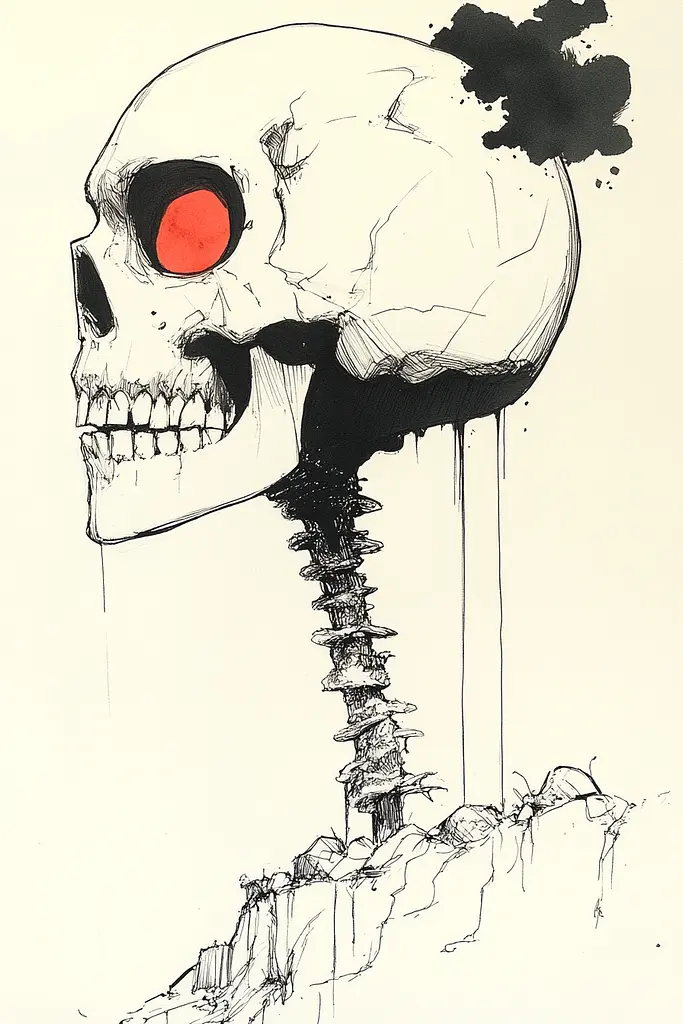 Midjourney generated image using SREF code Contour Conundrums: A drawing of a skull with red eyes on a piece of paper.