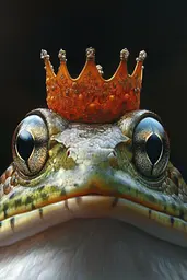 Midjourney generated image using SREF code Esoteric Enigmas: A frog with a crown on its head.