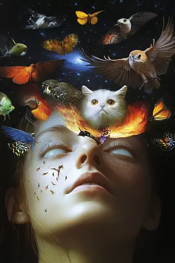 Midjourney generated image using SREF code Esoteric Enigmas: A girl with a cat on her head surrounded by birds and butterflies.