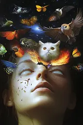 Midjourney generated image using SREF code Esoteric Enigmas: A girl with a cat on her head surrounded by birds and butterflies.