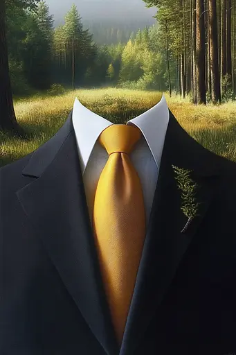 Midjourney generated image using SREF code Esoteric Enigmas: A painting of a man in a suit and tie in a forest.