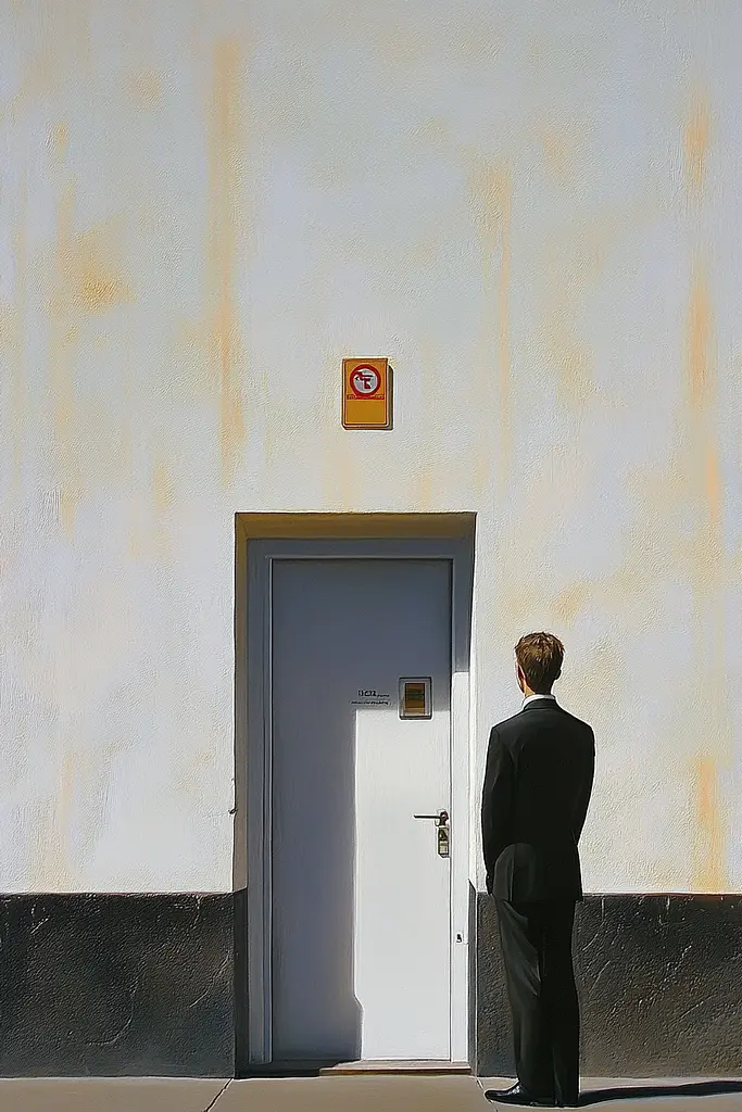 Midjourney generated image using SREF code Esoteric Enigmas: A man in a suit standing in front of a door.