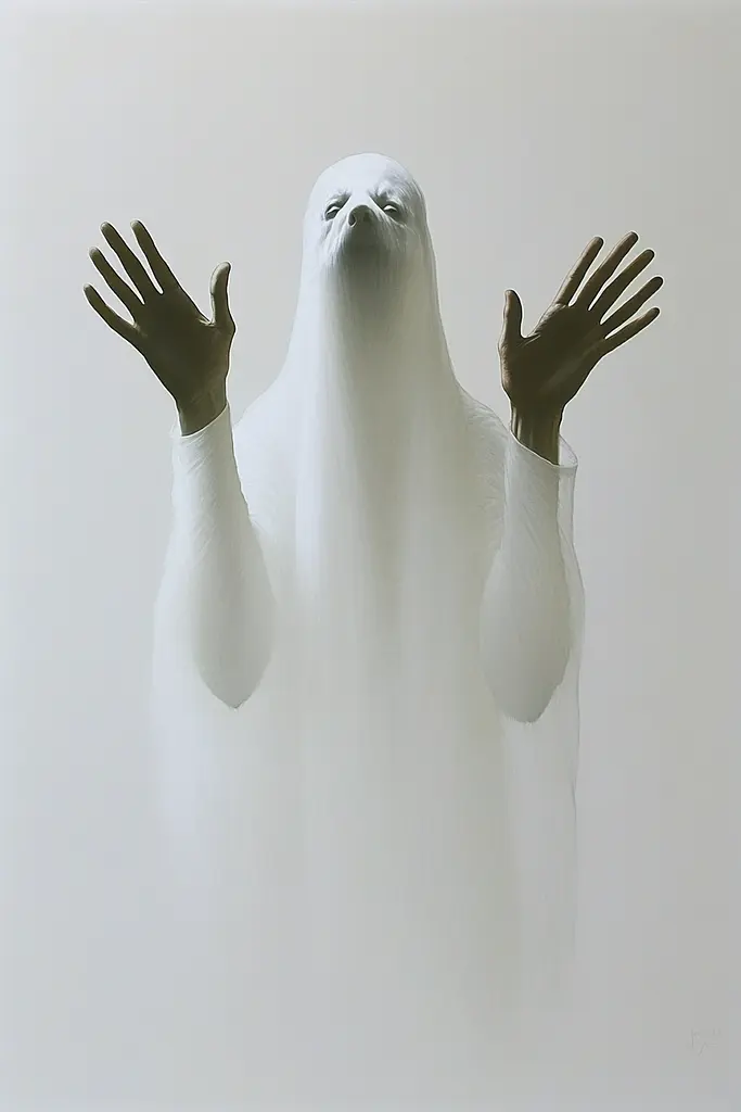 Midjourney generated image using SREF code Esoteric Enigmas: A man in a white ghost costume with his hands outstretched.