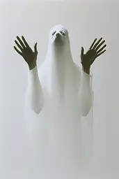 Midjourney generated image using SREF code Esoteric Enigmas: A man in a white ghost costume with his hands outstretched.