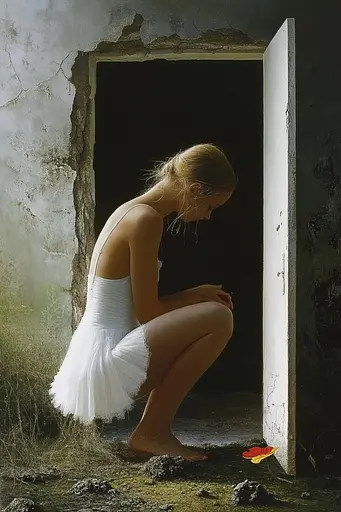 Midjourney generated image using SREF code Esoteric Enigmas: A woman in a white dress crouching down in front of an open door.