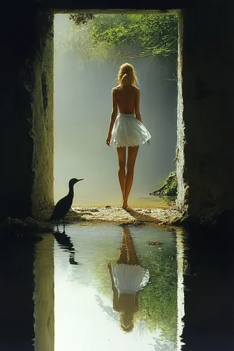 Midjourney generated image using SREF code Esoteric Enigmas: A woman in a white dress standing in a doorway with a bird.