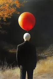 Midjourney generated image using SREF code Esoteric Enigmas: A painting of a man in a suit holding a red balloon.