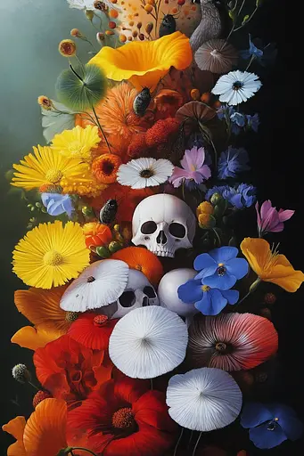 Midjourney generated image using SREF code Esoteric Enigmas: A painting of flowers and skulls on a black background.