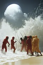 Midjourney generated image using SREF code Esoteric Enigmas: A group of people standing on top of a beach next to the ocean.