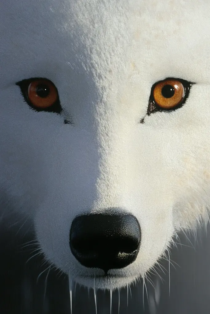 Midjourney generated image using SREF code Esoteric Enigmas: A close up of a white wolf's face with orange eyes.