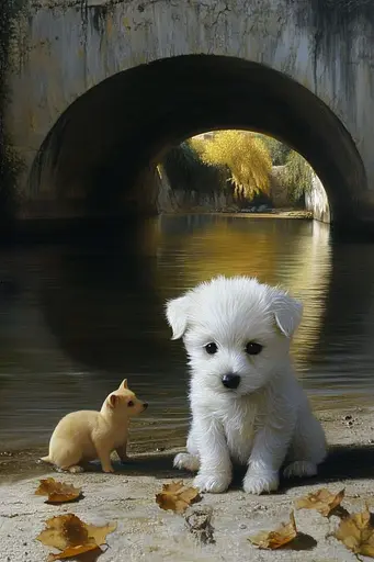 Midjourney generated image using SREF code Esoteric Enigmas: A small white dog sitting next to a small dog under a bridge.