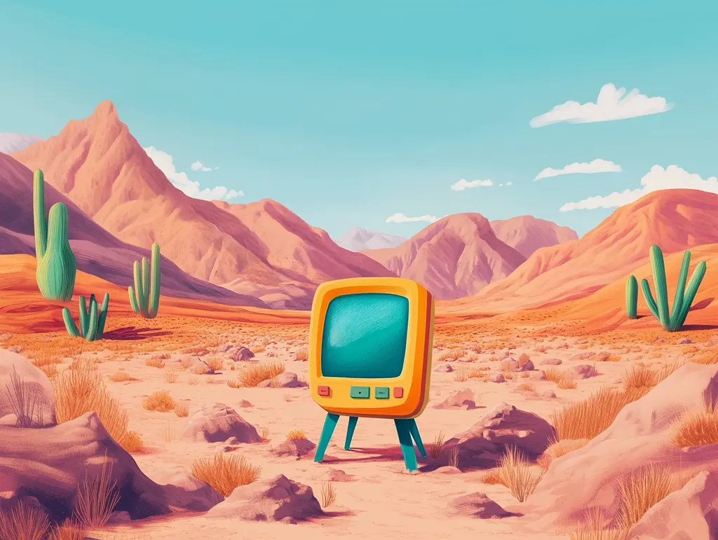 Midjourney generated image using SREF code Vibrant Tales: An old television sitting in the middle of a desert.