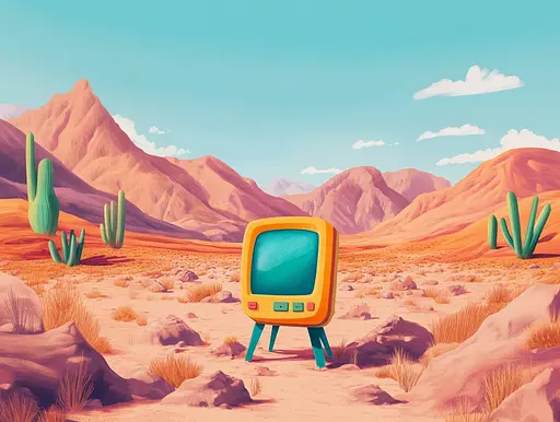 Midjourney generated image using SREF code Vibrant Tales: An old television sitting in the middle of a desert.