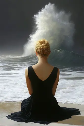 Midjourney generated image using SREF code Esoteric Enigmas: A woman in a black dress sitting on the beach looking at a large wave.