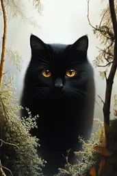 Midjourney generated image using SREF code Esoteric Enigmas: A black cat sitting in the middle of a forest.