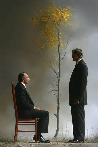 Midjourney generated image using SREF code Esoteric Enigmas: A painting of two men sitting on a chair in front of a tree.