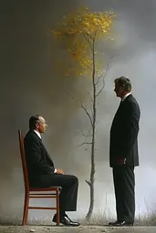 Midjourney generated image using SREF code Esoteric Enigmas: A painting of two men sitting on a chair in front of a tree.