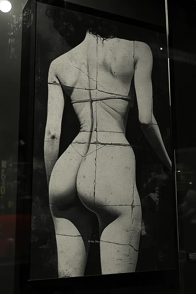 Midjourney generated image using SREF code Opaque Lenses: A black and white photo of a woman's back in a glass case.
