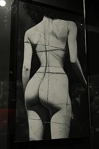 Midjourney generated image using SREF code Opaque Lenses: A black and white photo of a woman's back in a glass case.