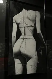 Midjourney generated image using SREF code Opaque Lenses: A black and white photo of a woman's back in a glass case.