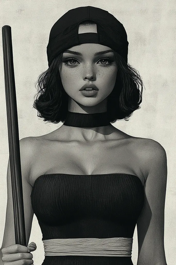 Midjourney generated image using SREF code Opaque Lenses: A black and white photo of a woman holding a baseball bat.