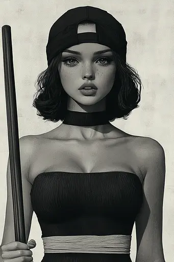 Midjourney generated image using SREF code Opaque Lenses: A black and white photo of a woman holding a baseball bat.