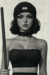 Midjourney generated image using SREF code Opaque Lenses: A black and white photo of a woman holding a baseball bat.
