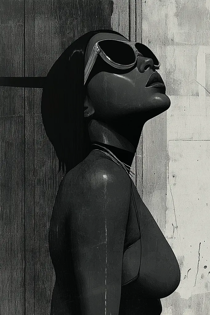 Midjourney generated image using SREF code Opaque Lenses: A black and white photo of a woman wearing sunglasses.